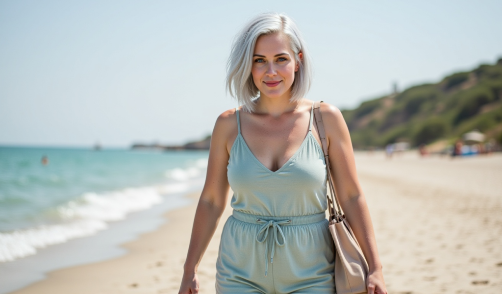 Vrouw volgt een 1200 kcal dieet en geniet van een wandeling op het strand.